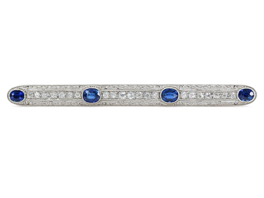 Antique Edwardian Sapphire and Diamond Bar Brooch in Platinum