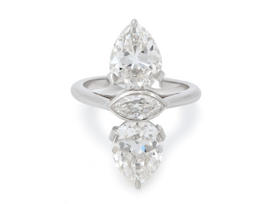 Beladora 'Bespoke' Twin Old-cut Pear and Marquise Diamond Ring in Platinum