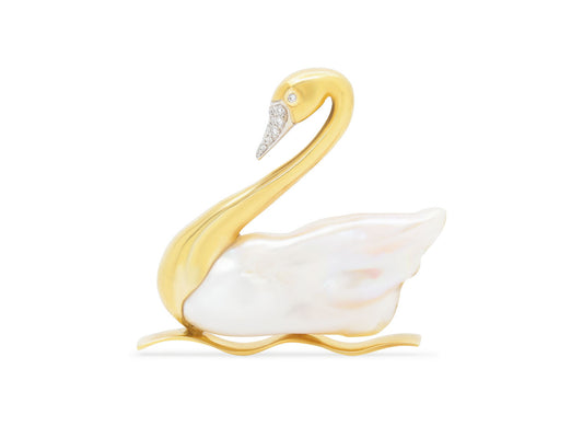 Baroque Pearl and Diamond Swan Brooch in 18K Gold