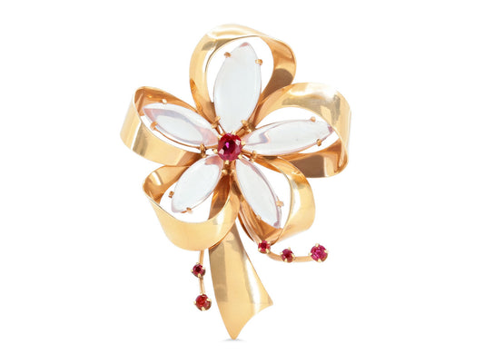 Retro Moonstone and Ruby Flower Brooch in 14K Rose Gold