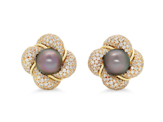 Henry Dunay Diamond and Tahitian Pearl Earrings in 18K Gold