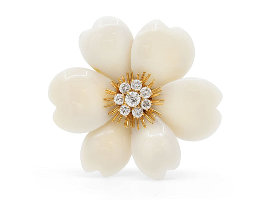 Van Cleef & Arpels 'Rose de Noël' White Coral and Diamond Brooch in 18K Gold