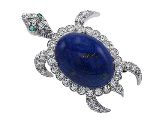 Mid-Century Lapis Turtle Brooch with Diamonds in 14K White Gold