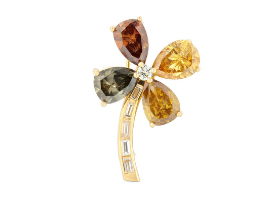 Fancy Yellow and Cognac Diamond Four Leaf Clover Brooch in 18K Gold