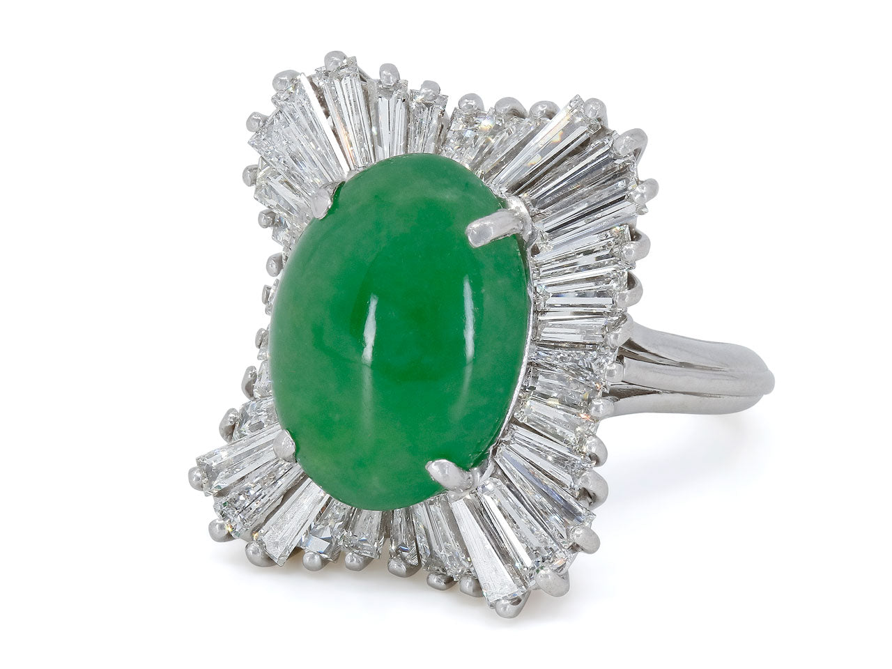 Mid-Century Green Jade and Diamond Ring in Platinum