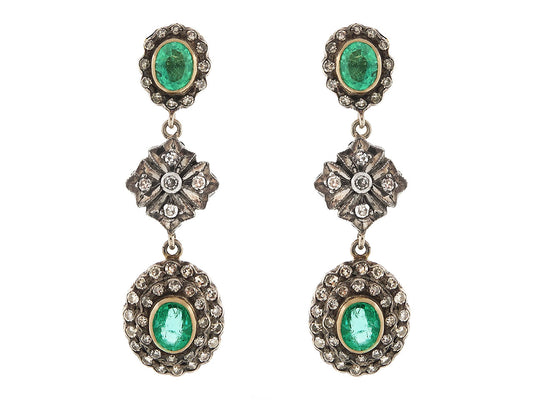 Emerald and Diamond Earrings in Silver over 18K Gold