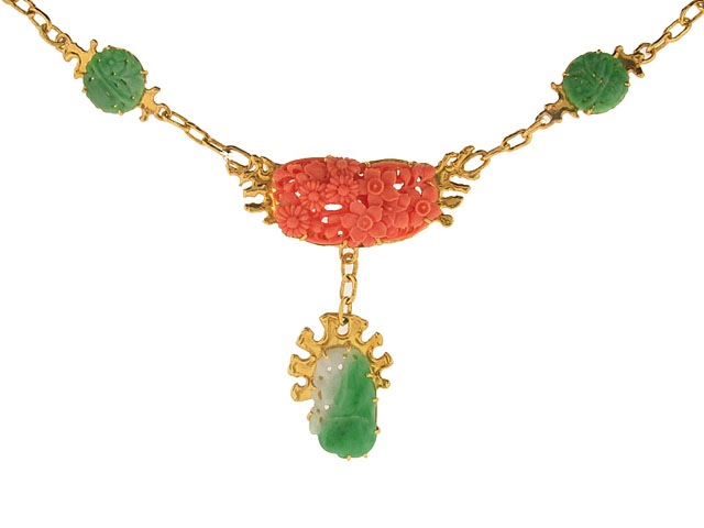 Jean Mahie Carved Coral and Jadeite Necklace in 22K Gold