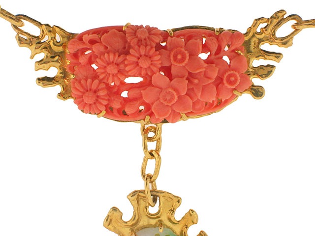 Jean Mahie Carved Coral and Jadeite Necklace in 22K Gold