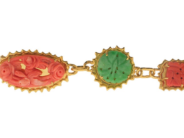 Neiman Marcus Carved Coral and Jadeite Bracelet in 22K Gold