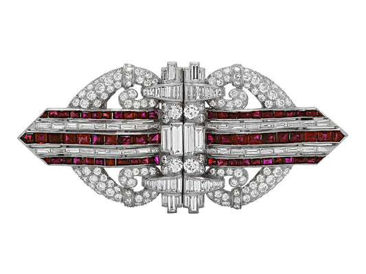 Art Deco Ruby and Diamond Double Clip Brooch in Platinum