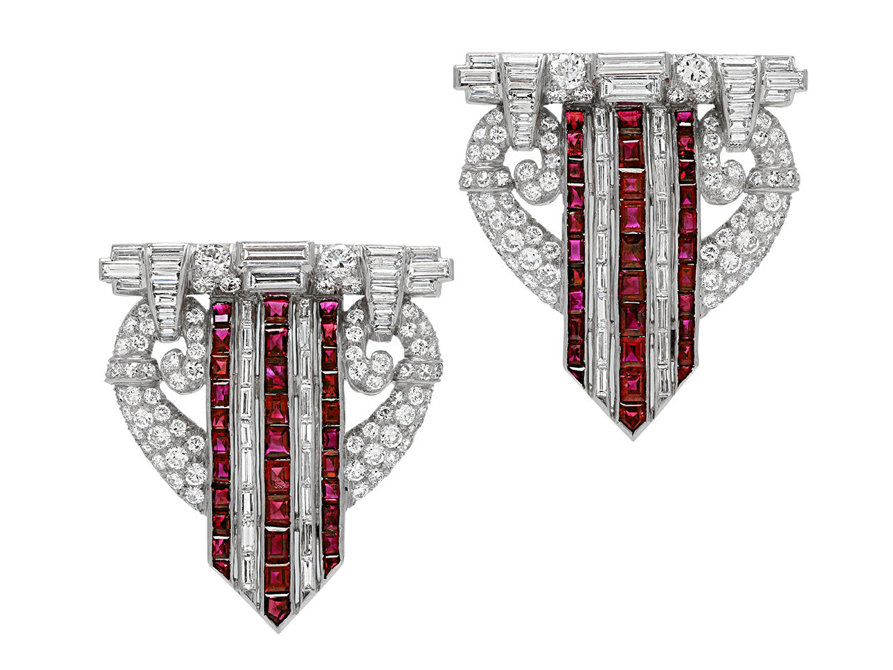 Art Deco Ruby and Diamond Double Clip Brooch in Platinum