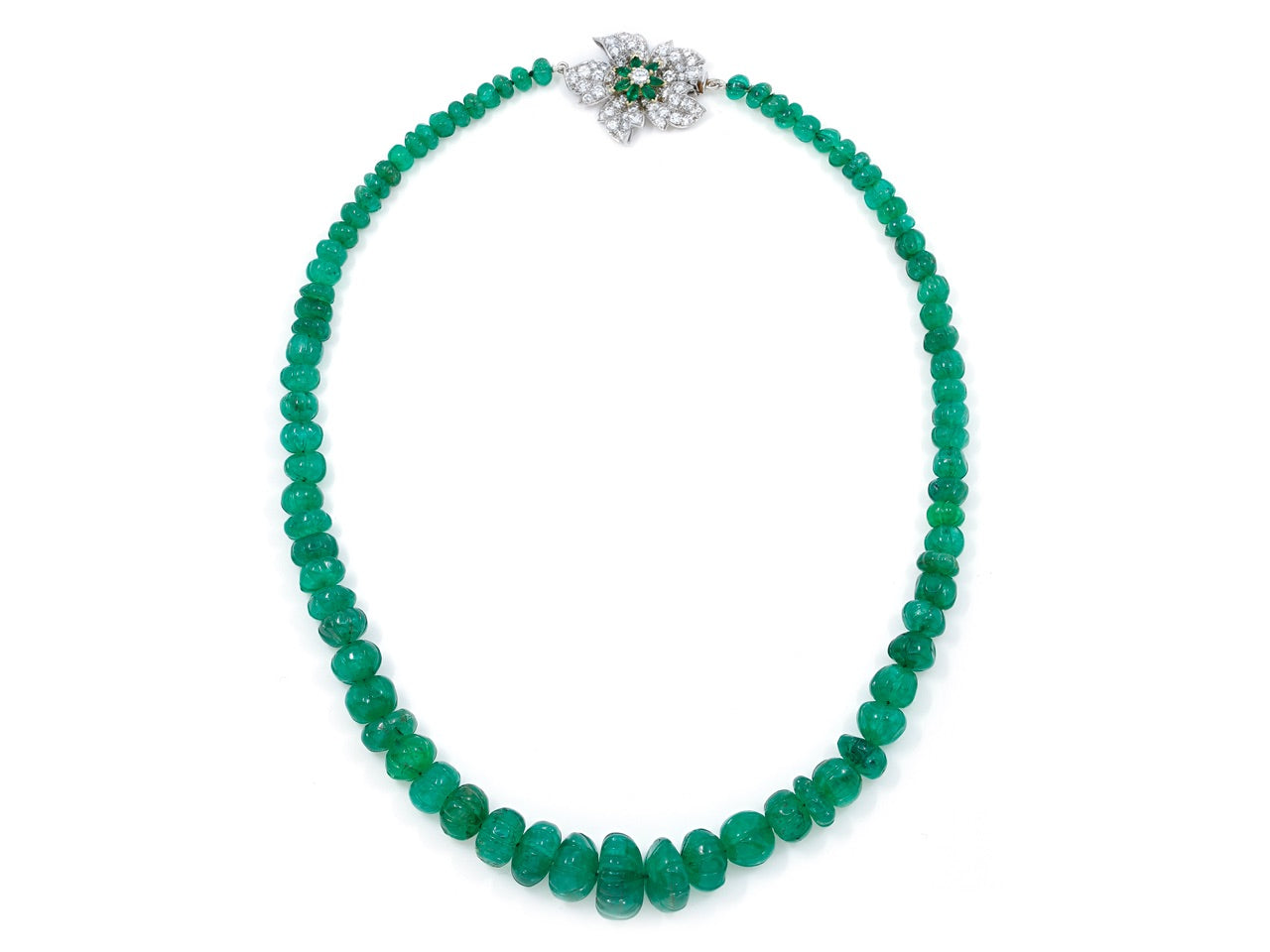 Emerald Bead Necklace with Diamond Flower Clasp in Platinum