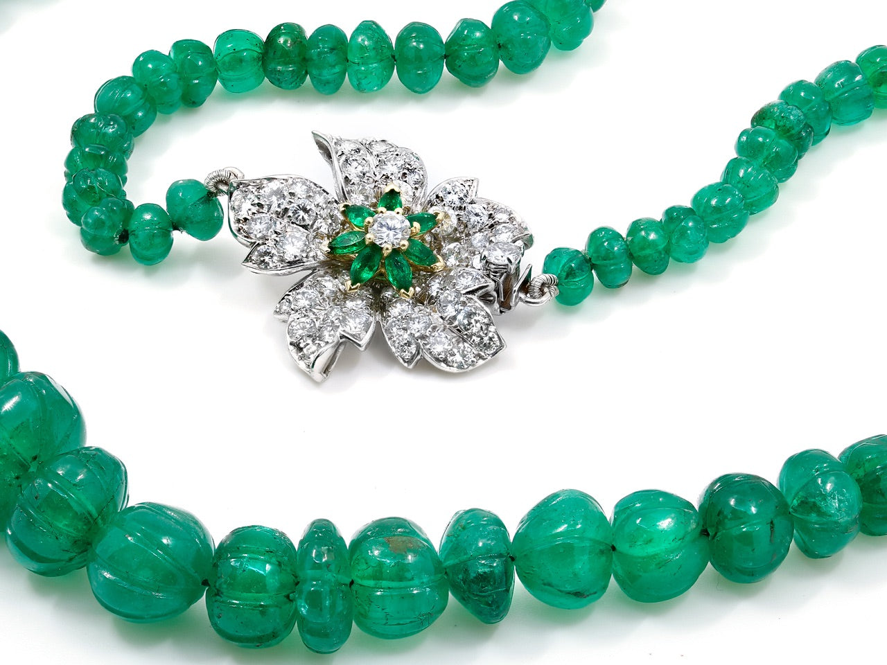 Emerald Bead Necklace with Diamond Flower Clasp in Platinum