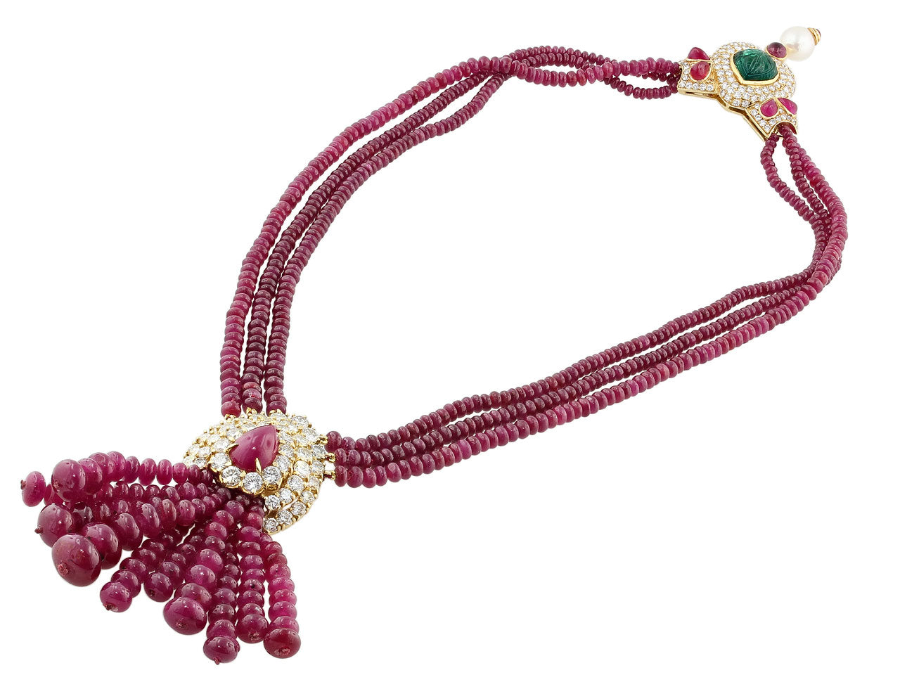 Ruby and Diamond Tassel Earrings and Necklace Set in 18K