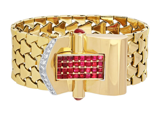 Retro Ruby and Diamond Buckle Bracelet in 18K