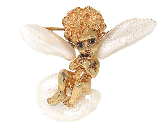 Ruser Angel Sitting On Cloud Brooch in 14K