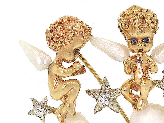 Ruser Angels On Clouds with Diamond Stars Brooch in 14K