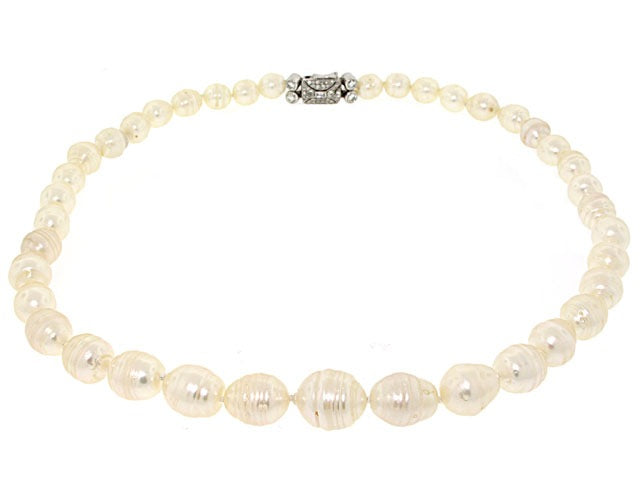 Mid-Century Baroque Pearl Strand with Diamond Clasp in Platinum