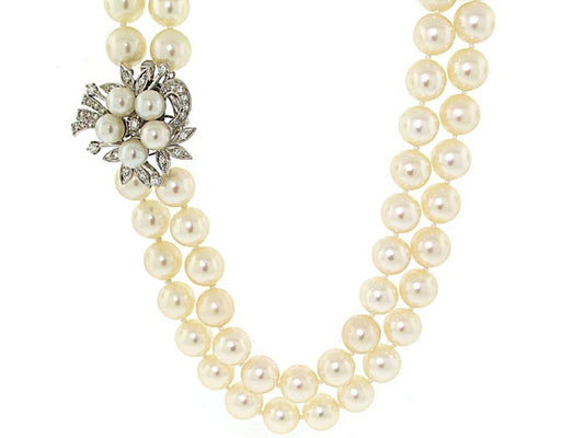 Double Strand Pearl Necklace with Diamond Clasp in 14K