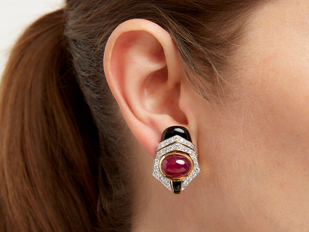 David Webb Ruby, Diamond and Enamel Earrings in 18K and Platinum