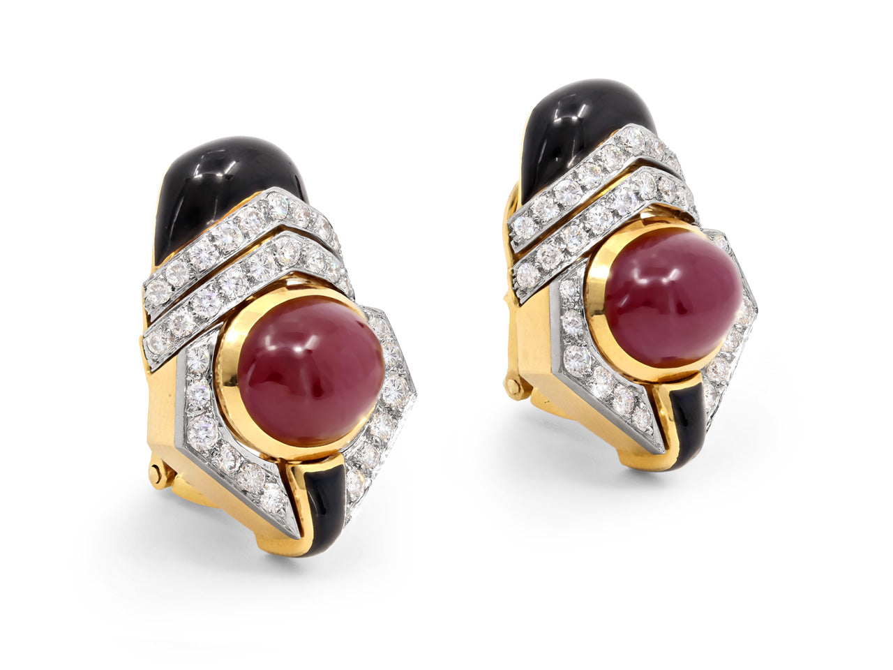 David Webb Ruby, Diamond and Enamel Earrings in 18K and Platinum