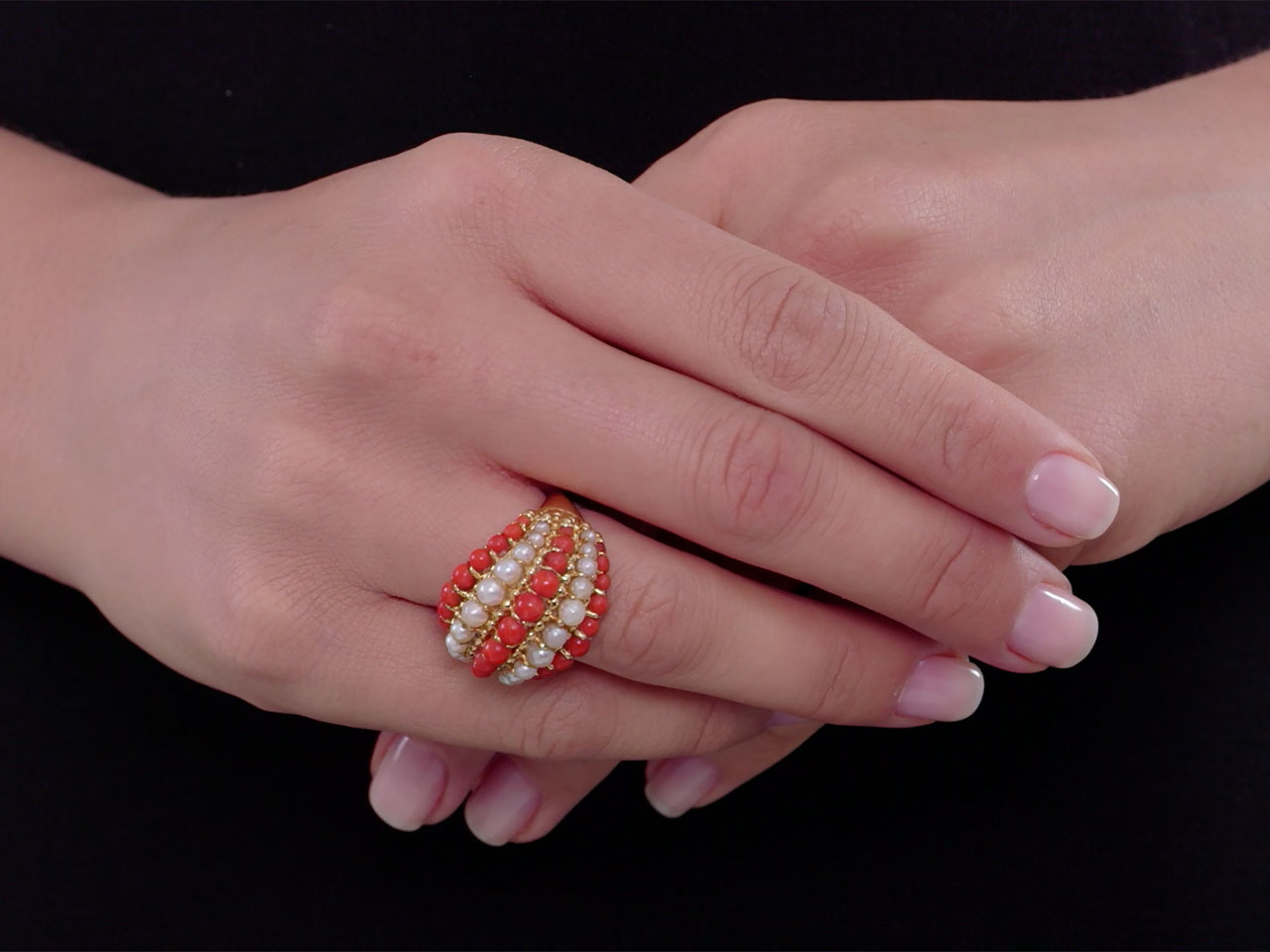 Mid-Century Coral and Pearl 'Twist' Ring in 18K Gold