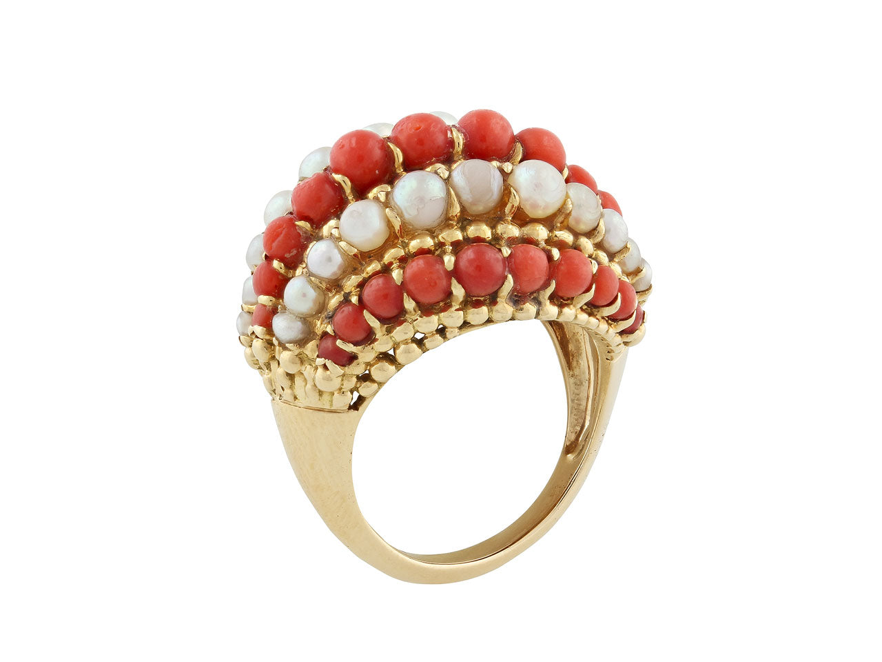 Mid-Century Coral and Pearl 'Twist' Ring in 18K Gold