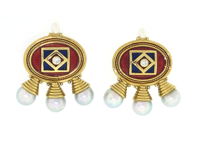 Elizabeth Gage African Queen Enamel and Pearl Earrings in 18K