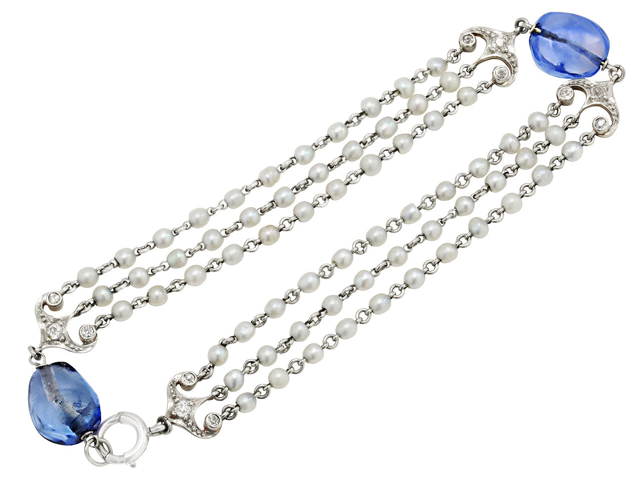 Art Deco Sapphire Bead and Seed Pearl Bracelet in 14K