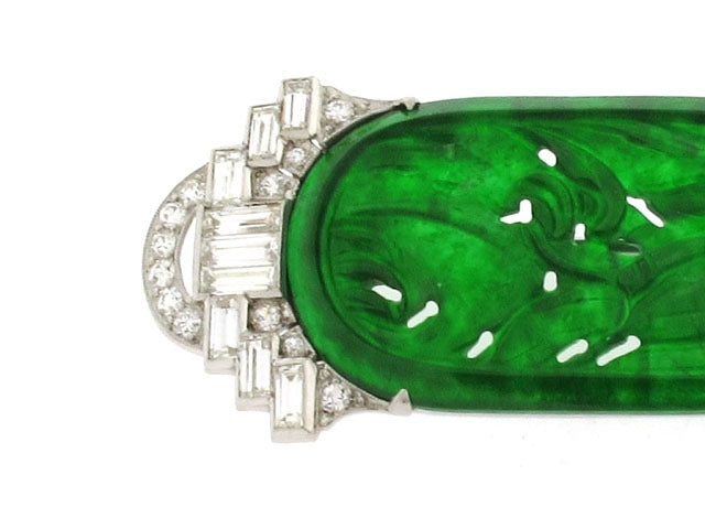 Art Deco Carved Jadeite and Diamond Brooch in Platinum