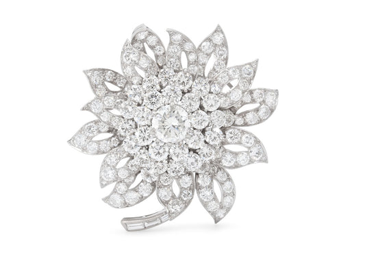 Mid-Century Diamond Flower Brooch in Platinum