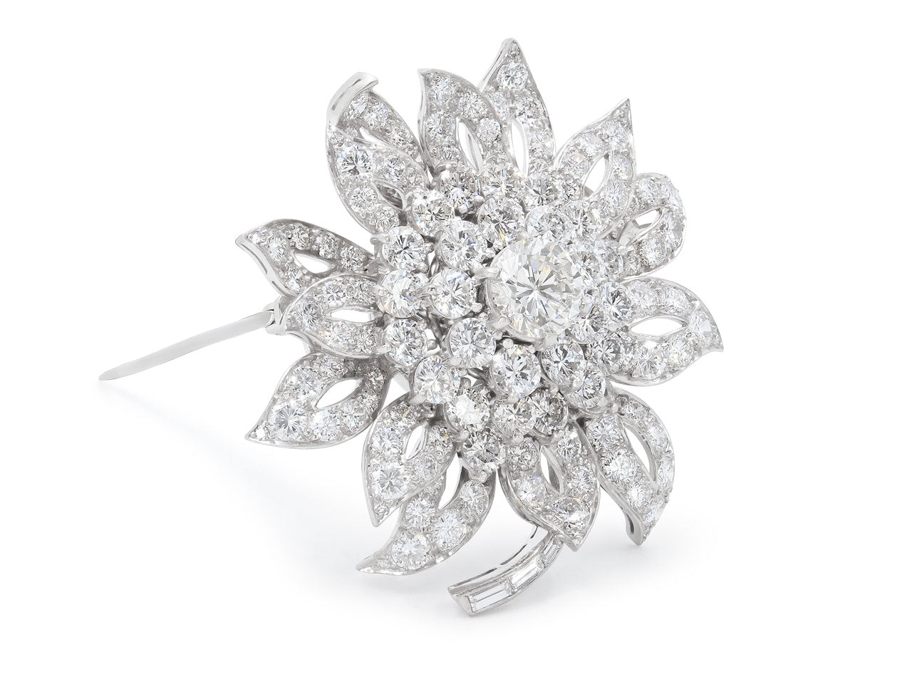 Mid-Century Diamond Flower Brooch in Platinum