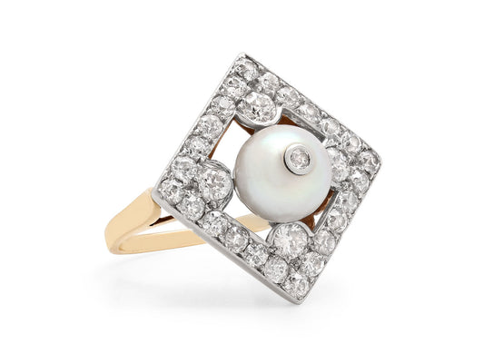 Antique Edwardian Natural Pearl and Diamond Ring in 14K Gold and Platinum