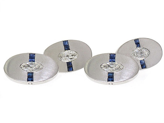 Art Deco Sapphire and Antique Marquise-cut Diamond Cufflinks in Platinum