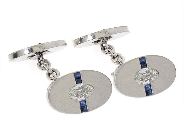 Art Deco Sapphire and Antique Marquise-cut Diamond Cufflinks in Platinum