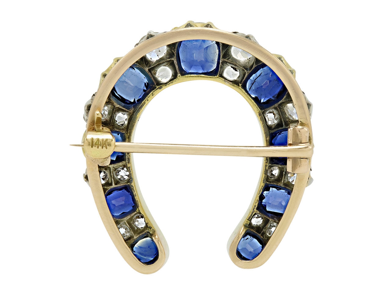 Antique Edwardian Horseshoe Sapphire and Diamond Brooch in 14K Gold and Platinum