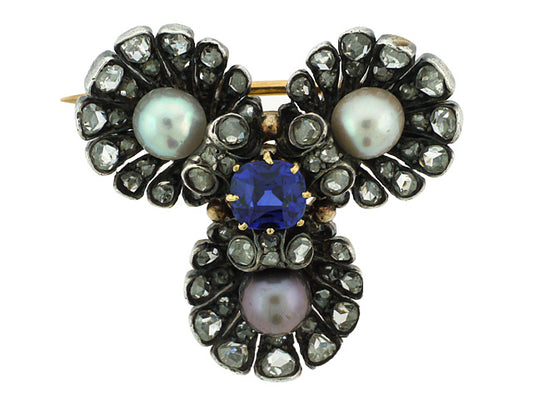 Antique Victorian Sapphire, Diamond and Pearl Brooch in Silver over Gold