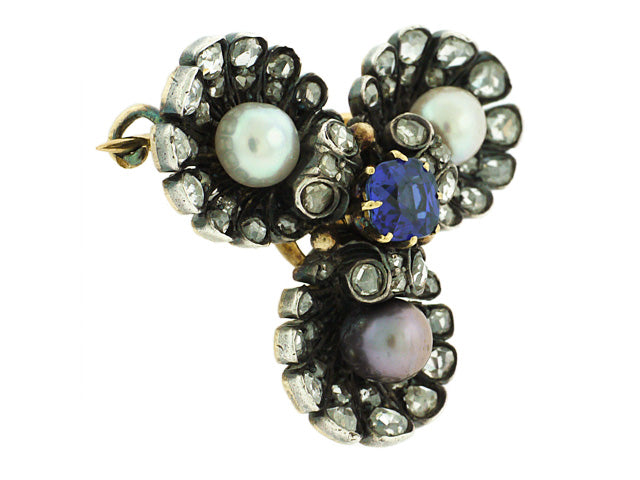 Antique Victorian Sapphire, Diamond and Pearl Brooch in Silver over Gold