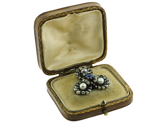 Antique Victorian Sapphire, Diamond and Pearl Brooch in Silver over Gold