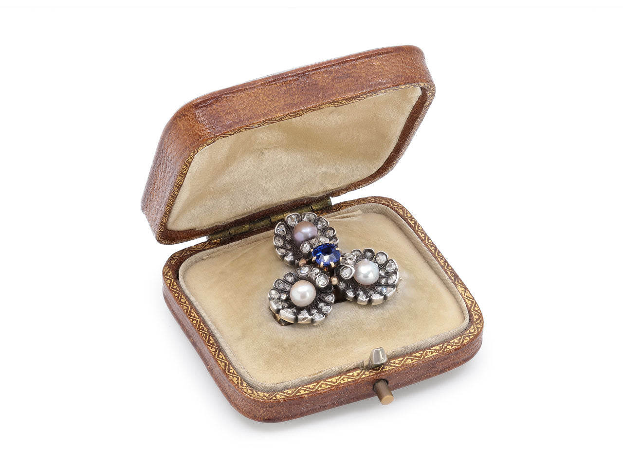 Antique Victorian Sapphire, Diamond and Pearl Brooch in Silver over Gold