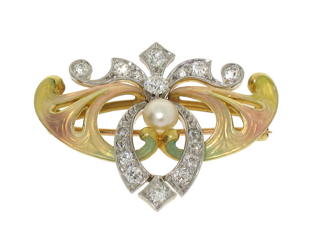 Antique Art Nouveau Enamel, Diamond and Natural Pearl Brooch/Pendant in 14K