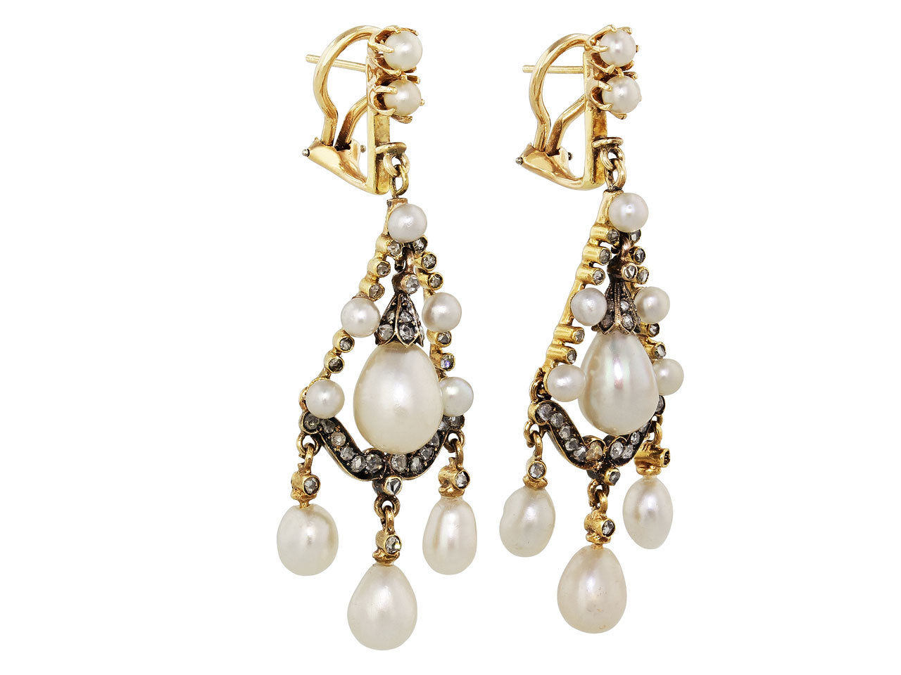 Antique Victorian Natural Pearl, Cultured Pearl and Diamond Earrings in Silver and Gold