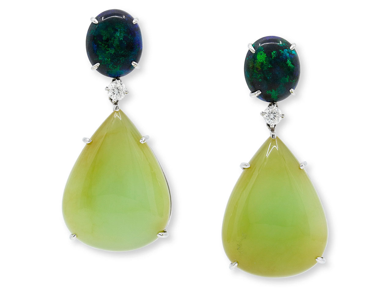 Black and Green Opal and Diamond Earrings in 18K White Gold