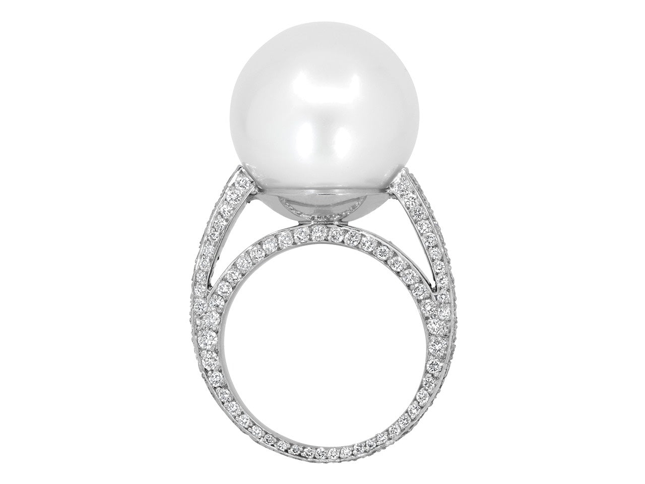 Set of South Sea Pearl and Diamond Ring and Earrings in 18K White Gold and Platinum