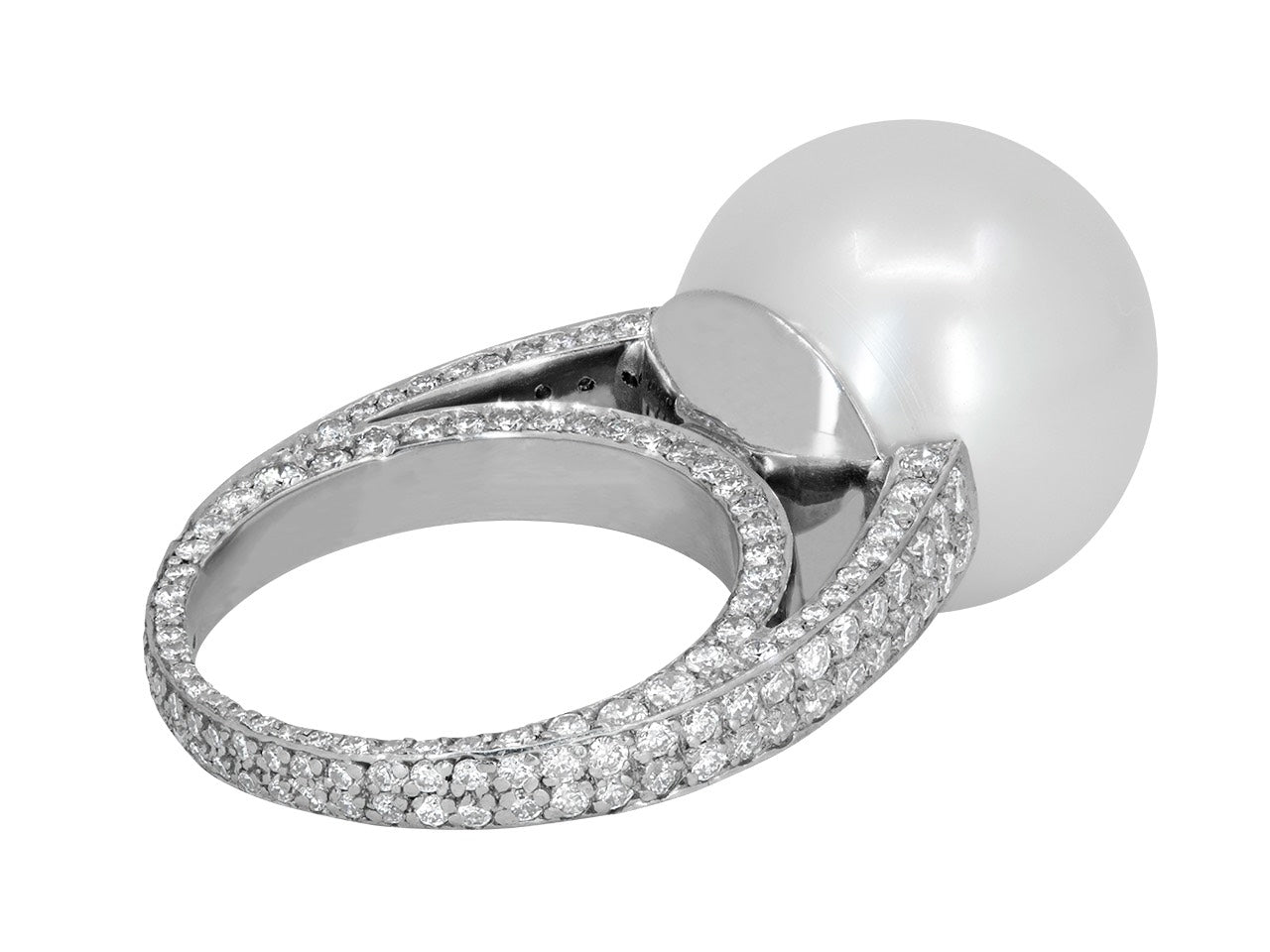 Set of South Sea Pearl and Diamond Ring and Earrings in 18K White Gold and Platinum