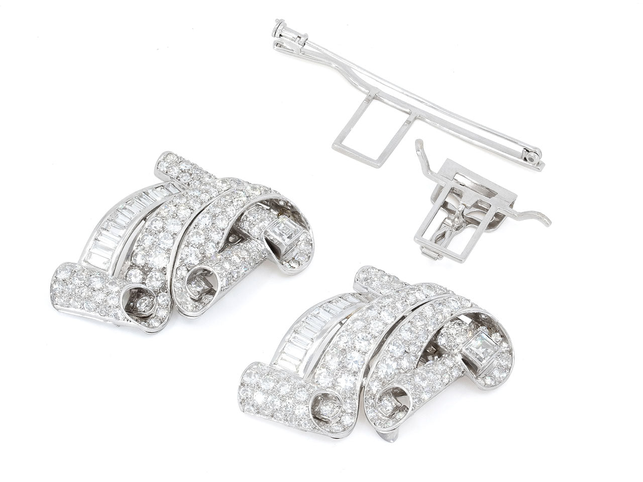 Mid-Century Diamond Double Clip Brooch in 18K White Gold