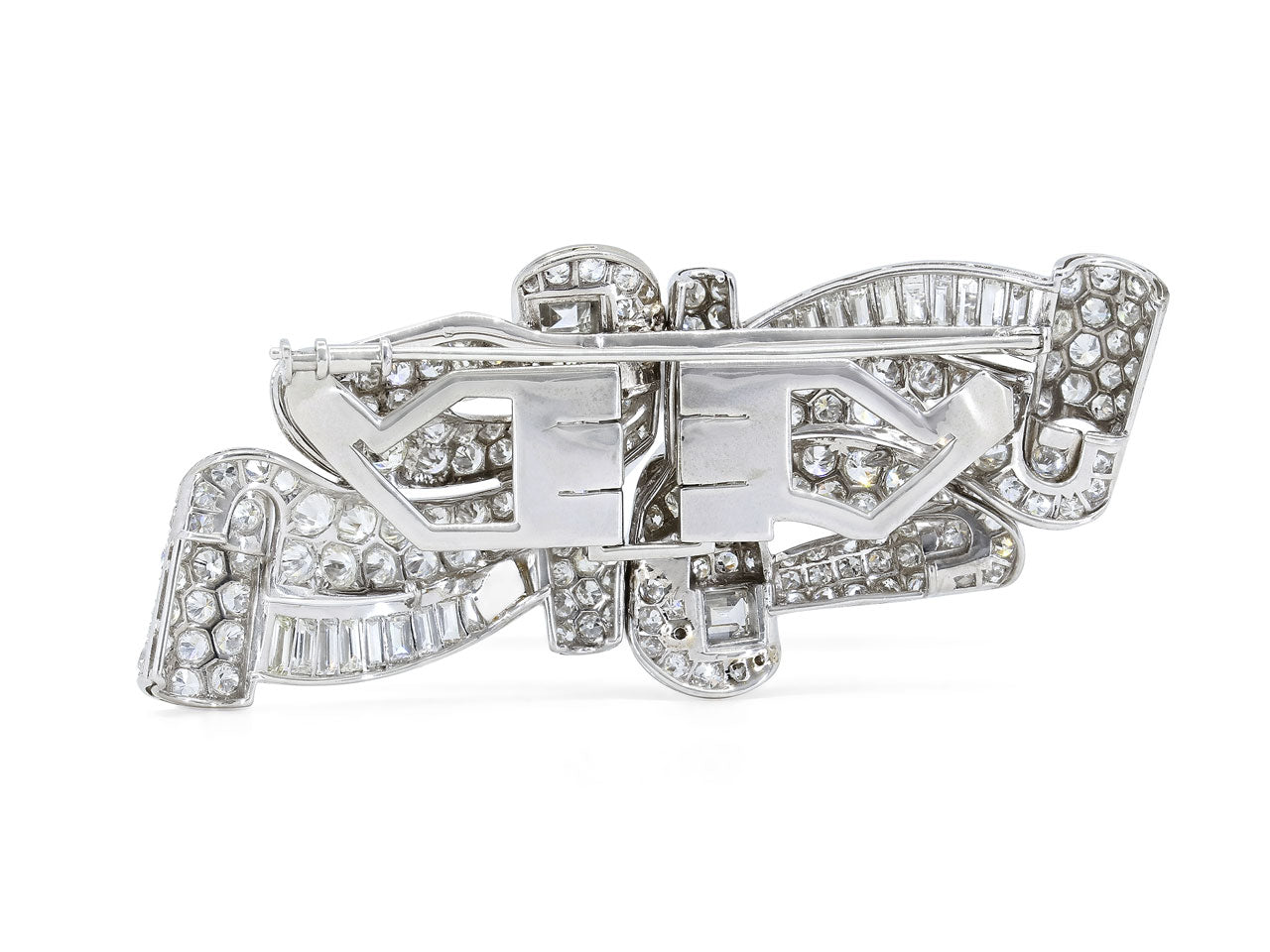 Mid-Century Diamond Double Clip Brooch in 18K White Gold