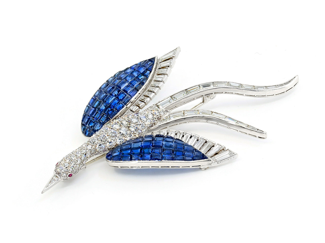 Mid-Century Invisibly-set Sapphire, Diamond and Platinum Bird Brooch, French