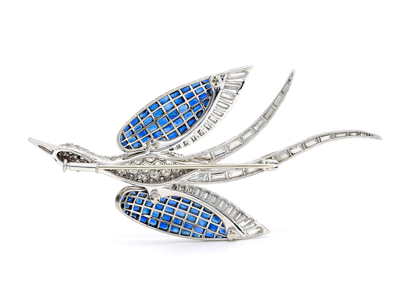 Mid-Century Invisibly-set Sapphire, Diamond and Platinum Bird Brooch, French