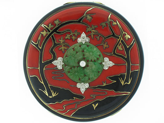 Art Deco Chinoiserie Compact with Jade and Diamonds in 14K